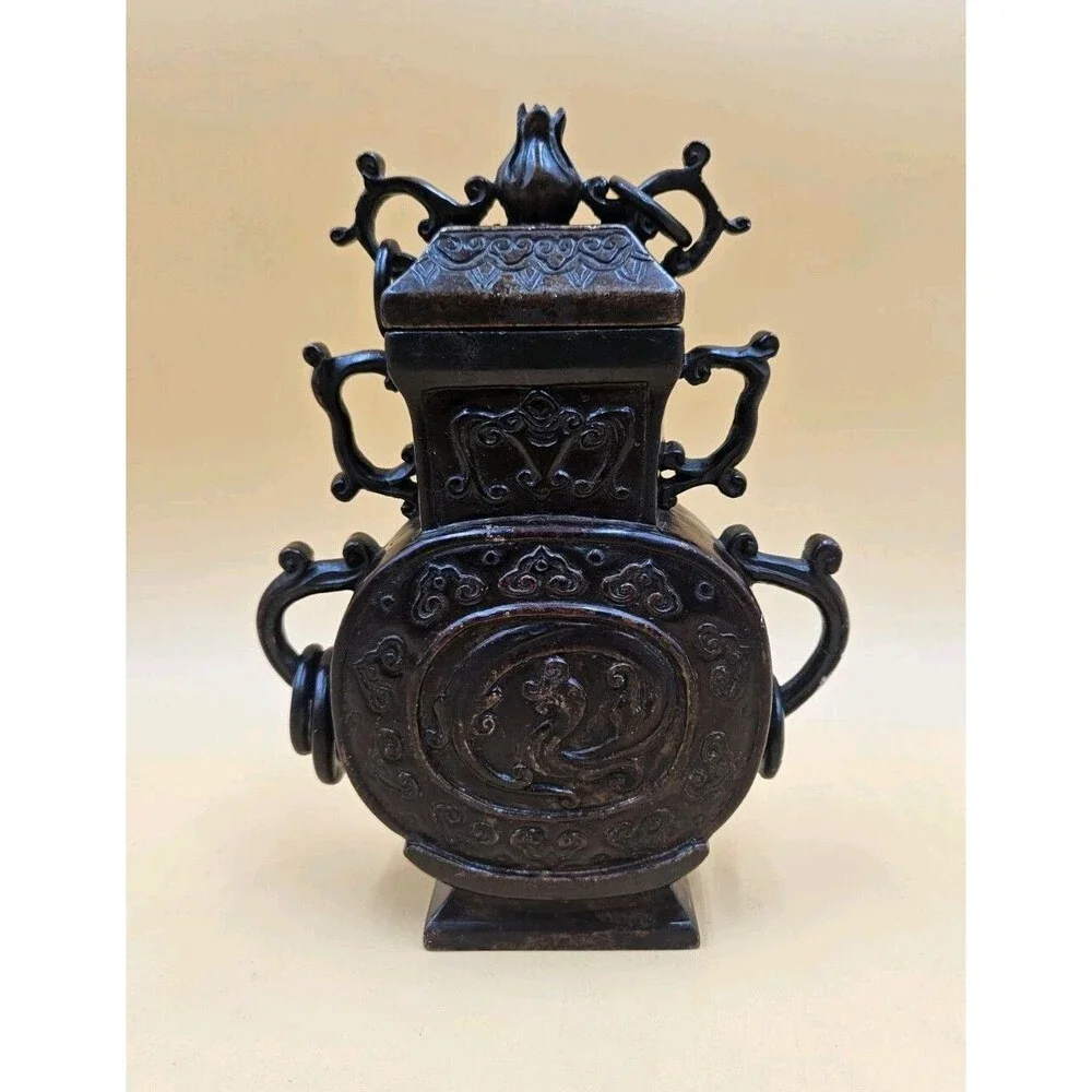 Hand Carved Chinese Jade Imperial Vase Incense Holder Floral Motif Lid Rings